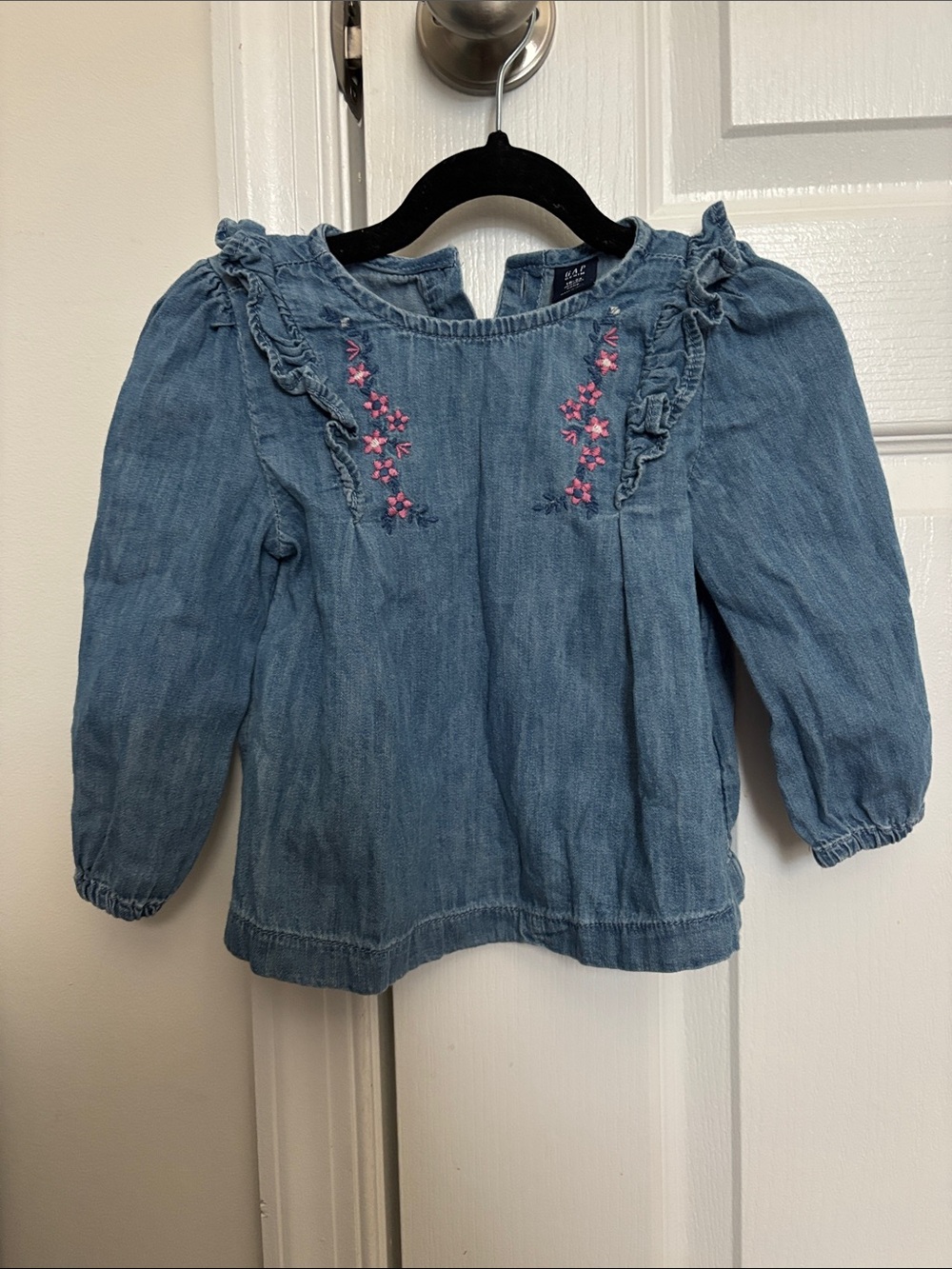 GAP Girls Blue Denim-Look Top with Pink Floral Embroidery